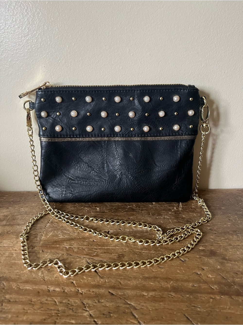 Madden Girl Black Faux-Leather Crossbody with Pearl Studs and Gold Chain